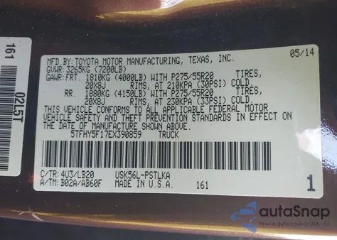 2014 Toyota Tundra Limited 5.7L V8 z USA, uszkodzony, nr VIN 5TFHY5F17EX390859